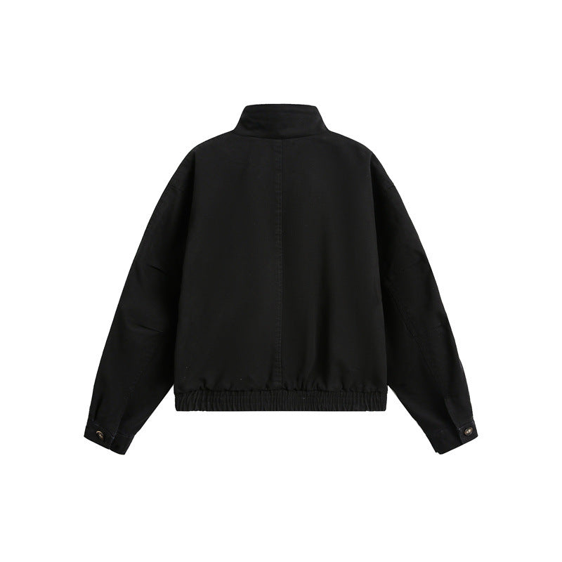 Unisex Kurz geschnittener Boxy-Canvas-Blousonjacke mit Funnelkragen, Aufgesetzten Klappentaschen und Elastischem Saum Shop Nory