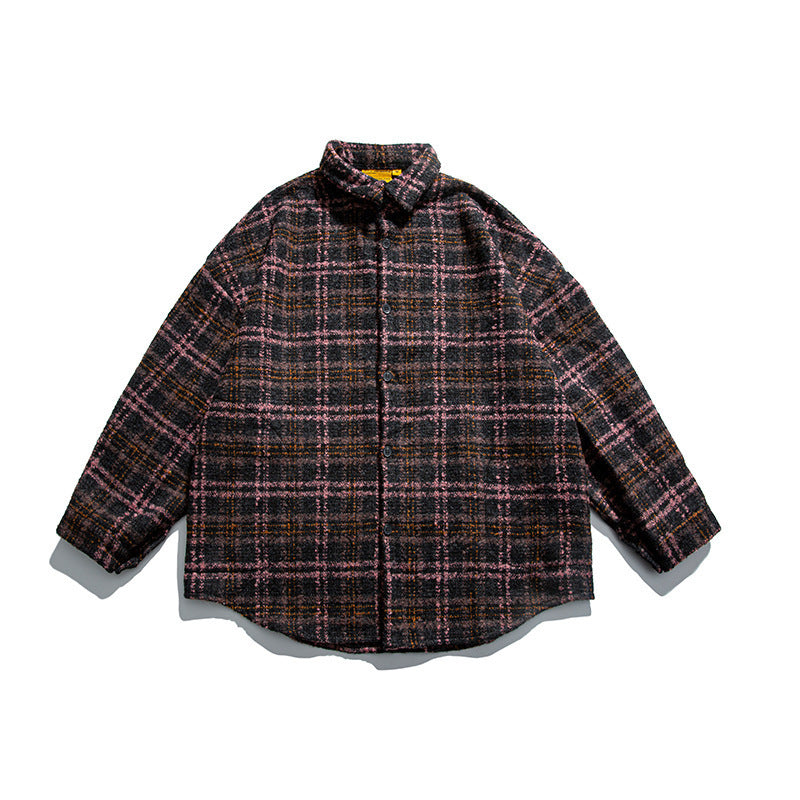 Unisex Bouclé-Karo Hemdjacke mit gesteppter Fütterung, abgerundetem Saum und Hemdkragen Shop Nory