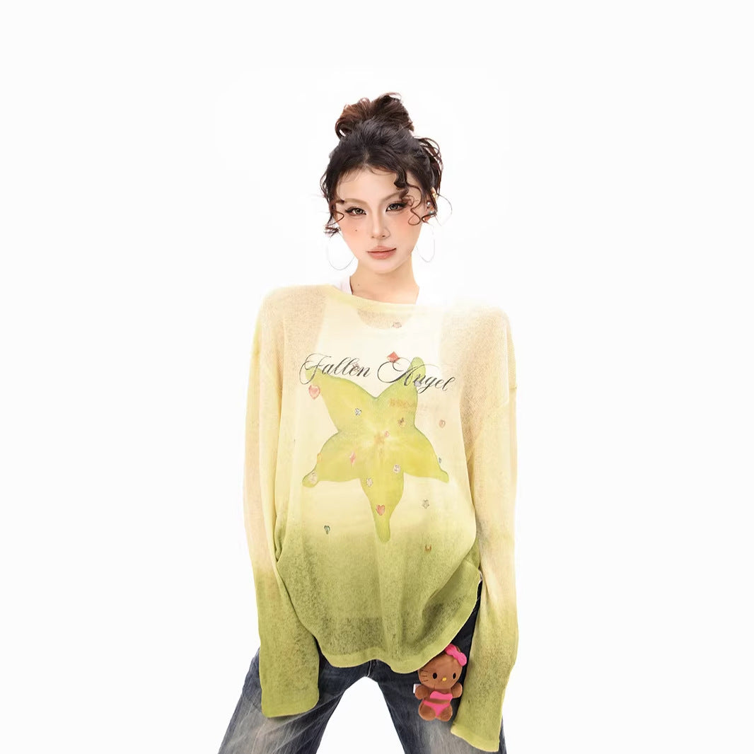 Damen Langarmshirt aus weichem Feinstrick mit Dip-Dye‑Gradient und Sternblüten‑Print Shop Nory