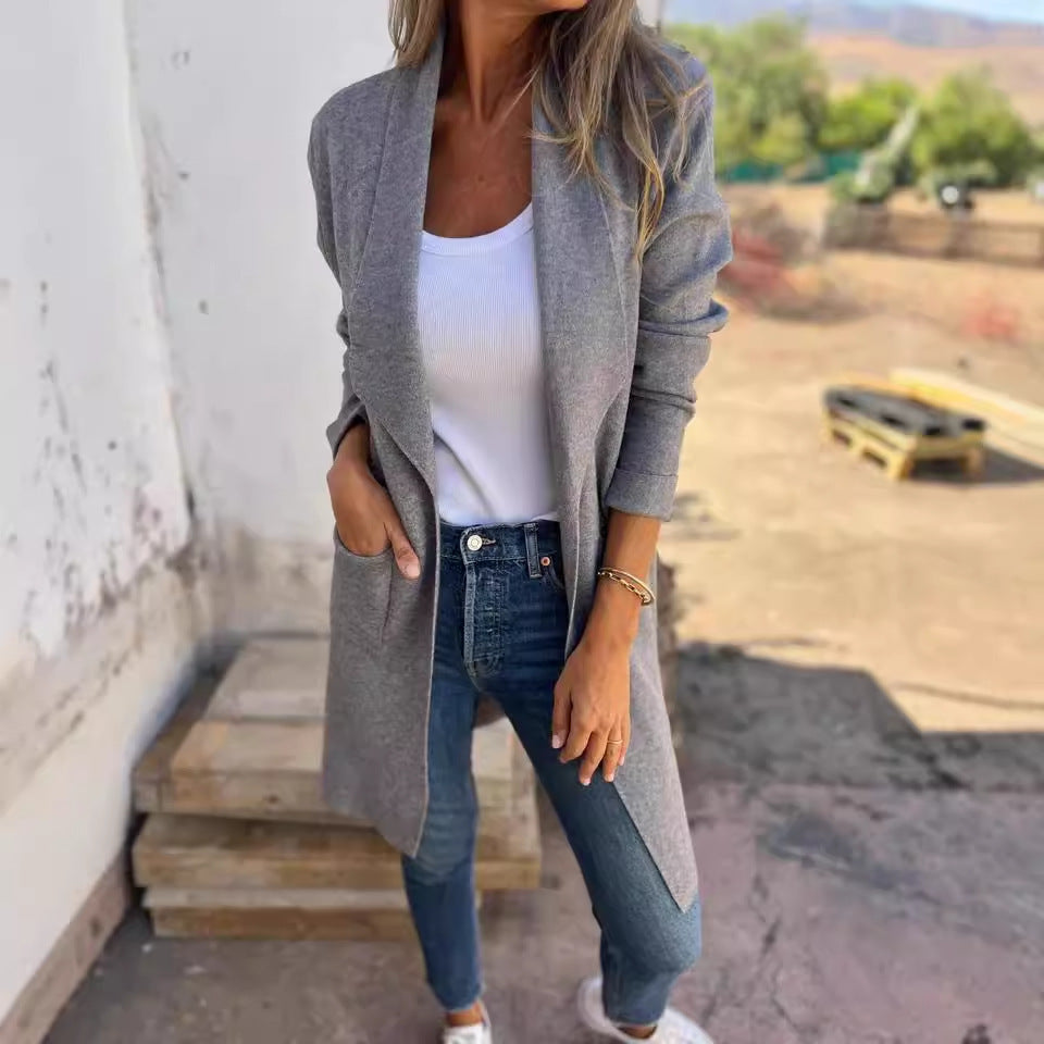 Damen Offener Longcardigan-Mantel mit Schalkragen und Eingrifftaschen Shop Nory