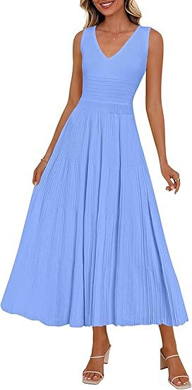 Damen Plisseekleid mit V-Ausschnitt und weitem Saum Shopnory