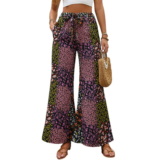 Damen Weite High-Waist Palazzo-Hose mit floralem Patchworkprint, Tunnelzug und Seitentaschen Shop Nory