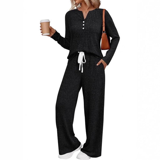 Damen Rippstrick-Lounge-Set mit Knopfleiste und weitem Kordelbund-Hose Shop Nory