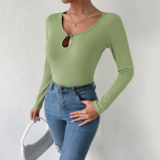 Damen geripptes Langarm-Top mit Keyhole-Detail, zierlichen Zierknöpfen und sculptender Stretch-Passform Shop Nory