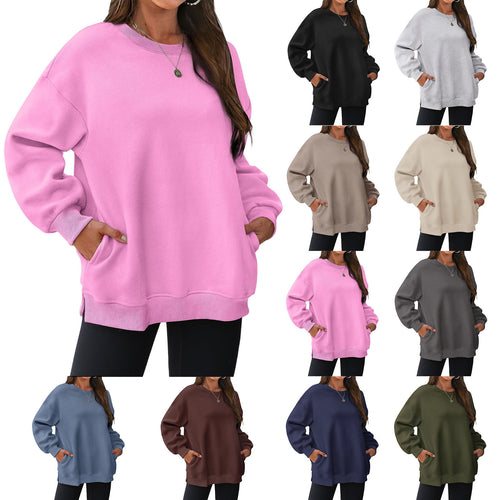 Damen nan verlängertes Oversize Rundhalspullover mit seitlichen Eingrifftaschen, Rippbündchen und überschnittener Schulter Shop Nory