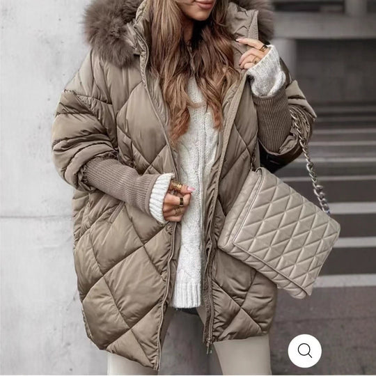 Damen langer gesteppter Winterparka mit großer Kapuze und Kunstfellbesatz Shop Nory