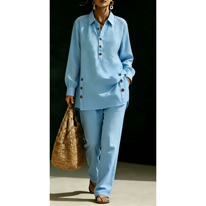 Damen Leichtes Oversize-Hemd-Tunika mit Zierknöpfen und Gerader Bundhose Shop Nory