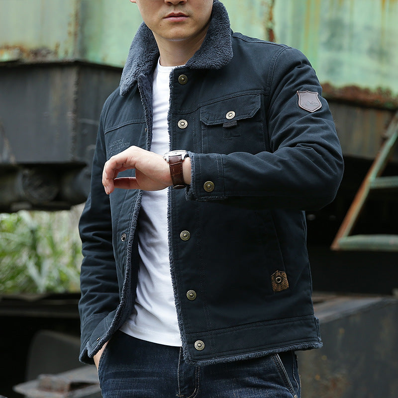 Herren Sherpagefütterte Canvas‑Truckerjacke mit Teddyfutter und Hemdkragen Shop Nory