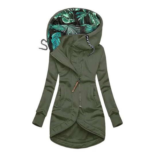 Damen asymmetrische Parka mit gefütterter tropischer Druckkapuze Shop Nory