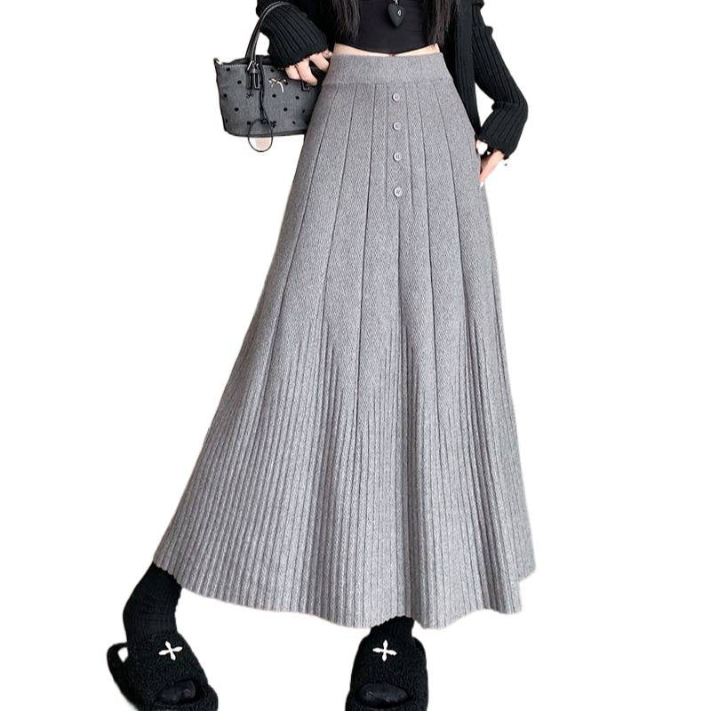 Damen Eleganter Maxirock mit feinem Faltenwurf und Knopfdetails Shop Nory