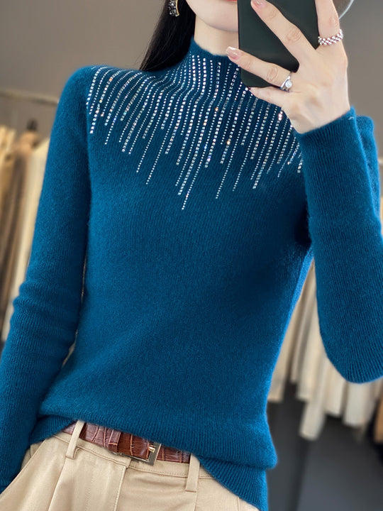 Damen Kaschmir‑Optik Mockneck-Pullover mit funkelnder Strasskaskade Shop Nory