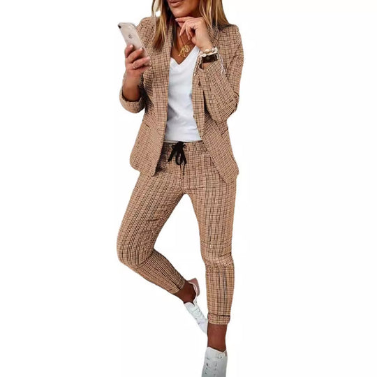 Damen nan lässig-elegantes Karozweiteiler Blazer mit Tunnelzug-Slimhose Shop Nory