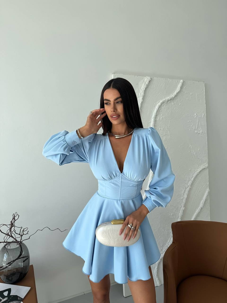 Damen Korsett-Detail Mini-Kleid mit Puffärmeln und ausgestelltem Rock Shop Nory