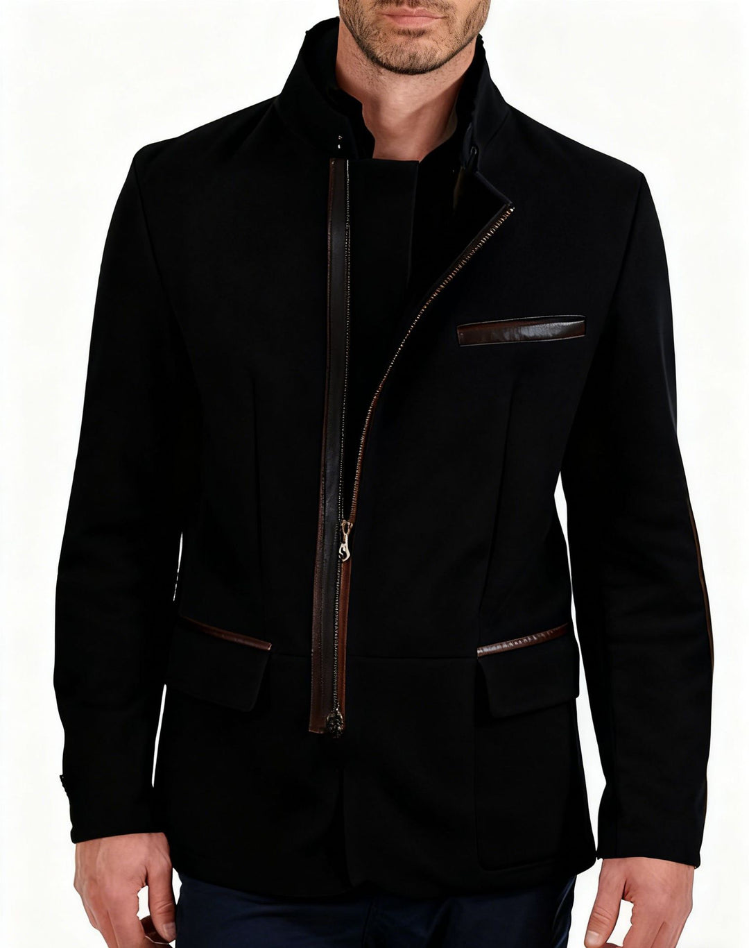 Herren Lederjacke mit hohem Stehkragen und asymmetrischem Zweiwege-Reißverschluss Shop Nory