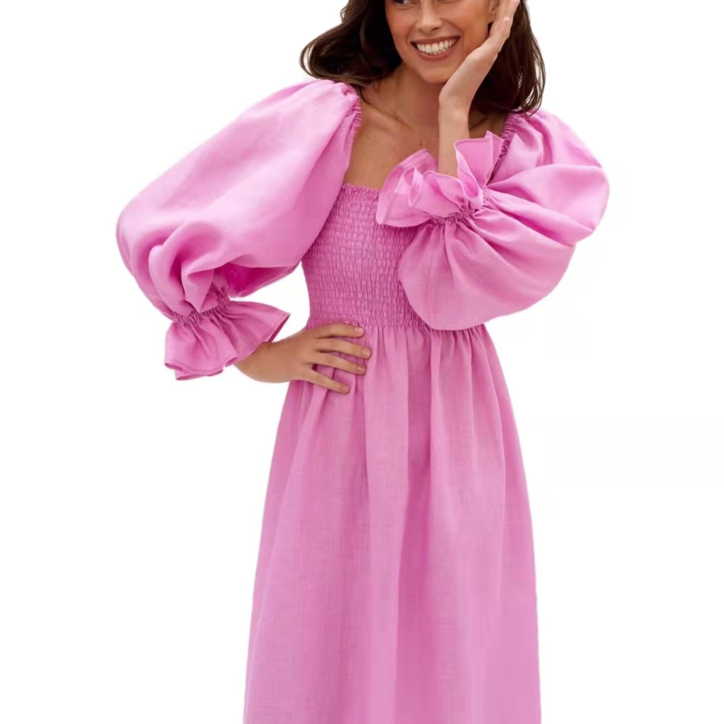 Damen Maxikleid mit Puffärmeln und elastischem Taillenbund