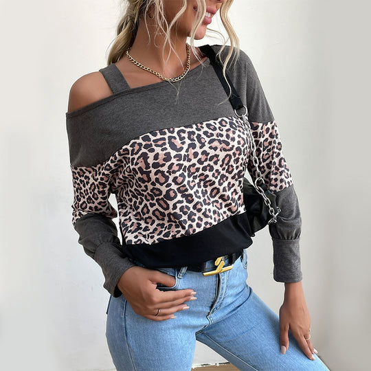 Damen Legerer Off-Shoulder Pullover mit Leoparden‑Print, Kontrastblöcken und Spaghettiträger Shop Nory
