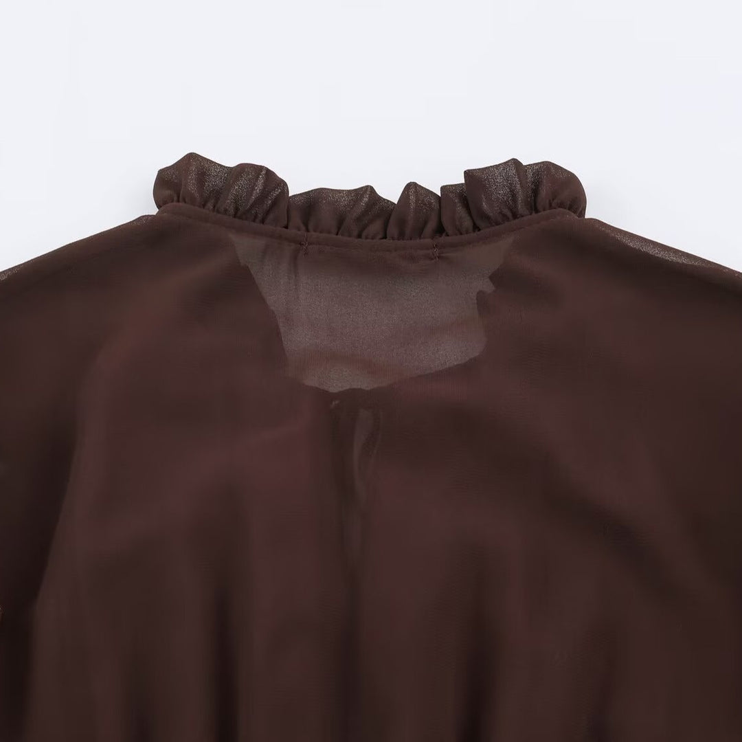 Damen verspieltes Midi-Tiered-Kleid mit Rüschenkragen, Bindeband und Volantstufen Shop Nory