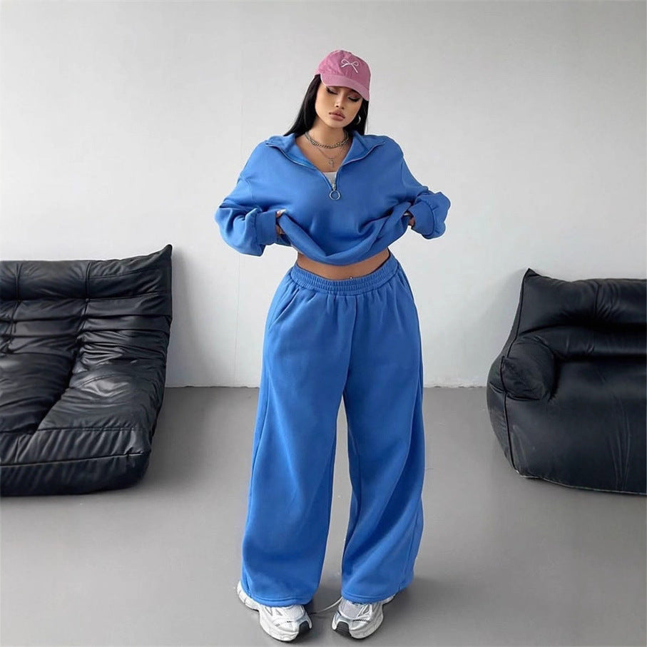 Damen Samt-Cropped-Ziphoodie und weit geschnittene High-Waist Palazzo-Jogginghose Shop Nory