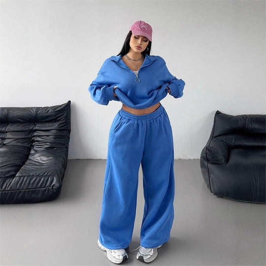 Damen Samt-Cropped-Ziphoodie und weit geschnittene High-Waist Palazzo-Jogginghose Shop Nory