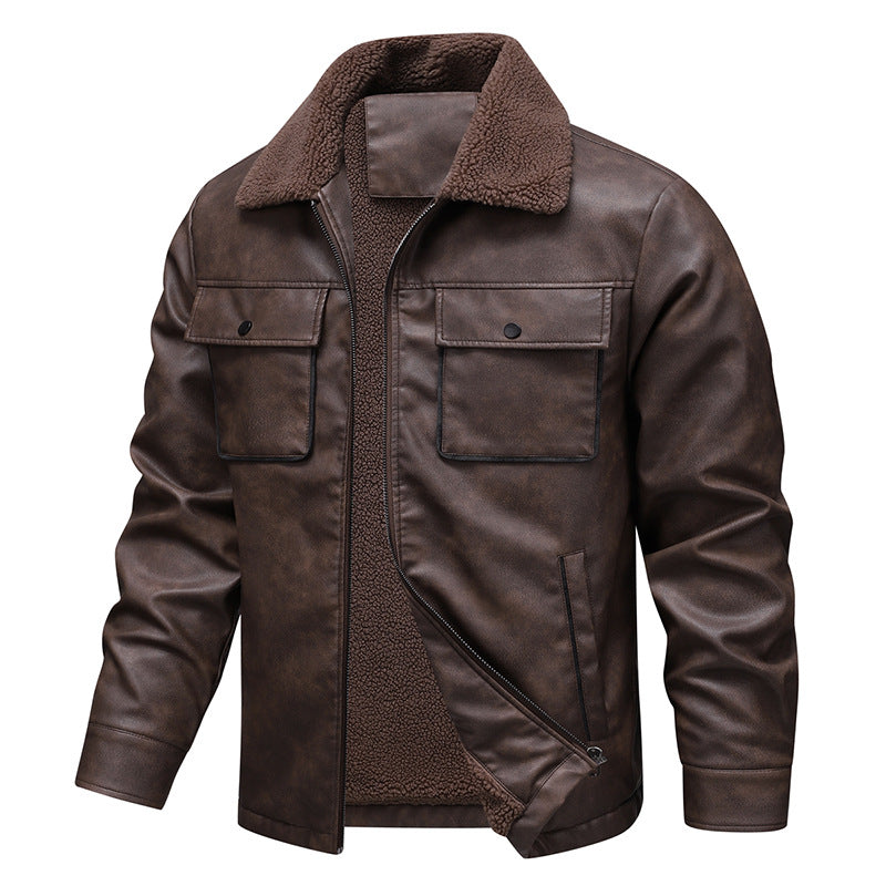 Herren Vintage-inspirierte Kunstlederjacke mit Teddyfutter und Hemdkragen Shop Nory