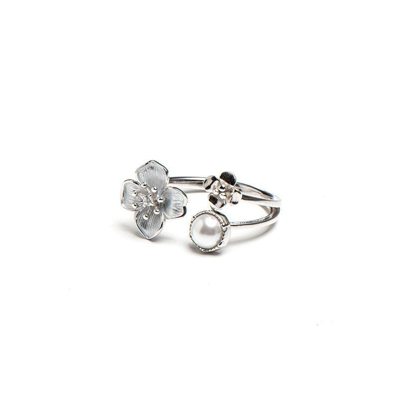 Damen Offener Ring mit floralem Design und Perlenakzent Shop Nory