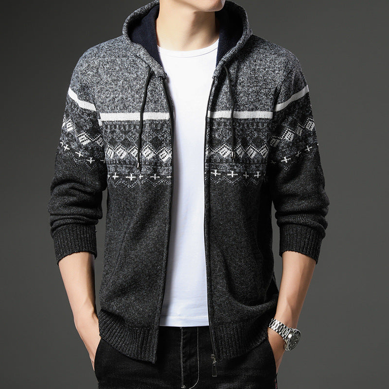 Herren Strick-Zip-Hoodie mit Norwegermuster, Kapuze und Eingrifftaschen Shop Nory