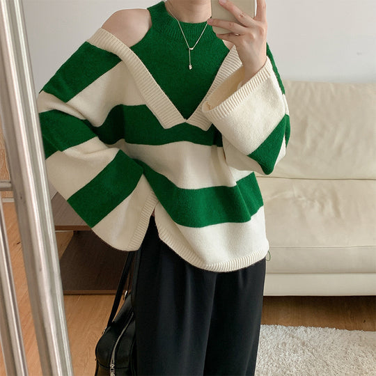 Damen Schulterfreier gestreifter Strickpullover mit Cut-Out-Schultern und V‑Einsatz Shop Nory
