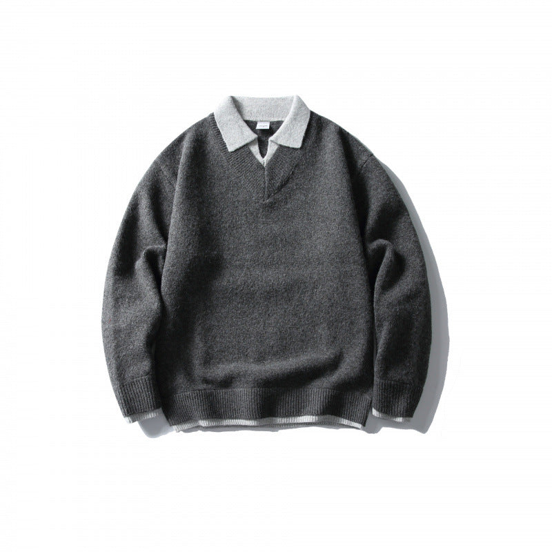 Unisex Oversize-Strickpullover mit kontrastierendem Polokragen und V‑Ausschnitt Shop Nory