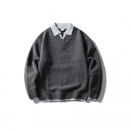 Unisex Oversize-Strickpullover mit kontrastierendem Polokragen und V‑Ausschnitt Shop Nory