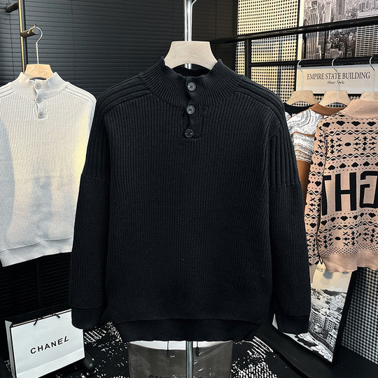 Herren Grobstrick-Pullover mit halber Knopfleiste und hohem Stehkragen Shop Nory