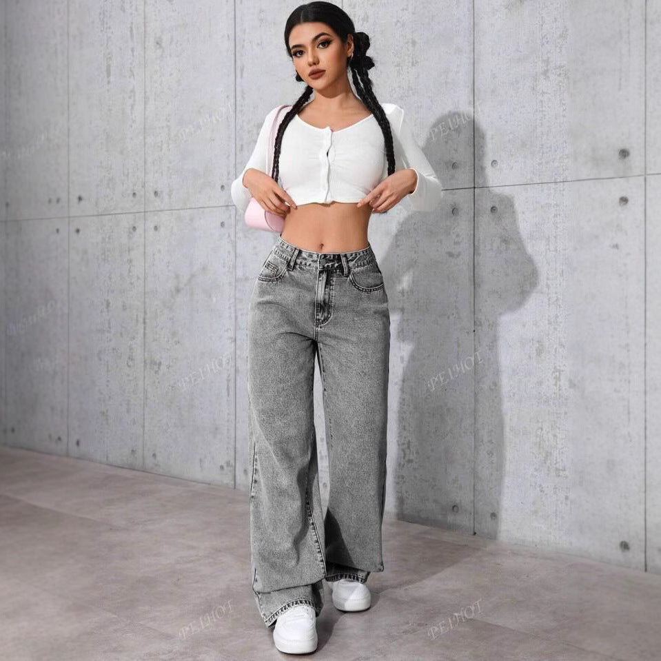 Damen Weit geschnittene Jeans mit kräftigen Kontrastnähten und verspielt gestickten Taschen