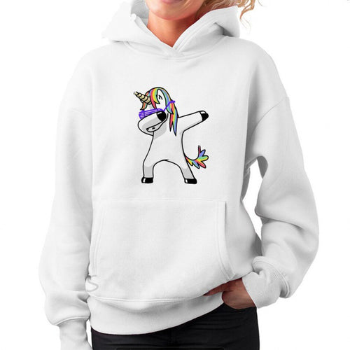 Damen Kapuzenpullover mit Einhorn-Dab-Print, Kängurutasche und weichem Baumwollmix Shop Nory