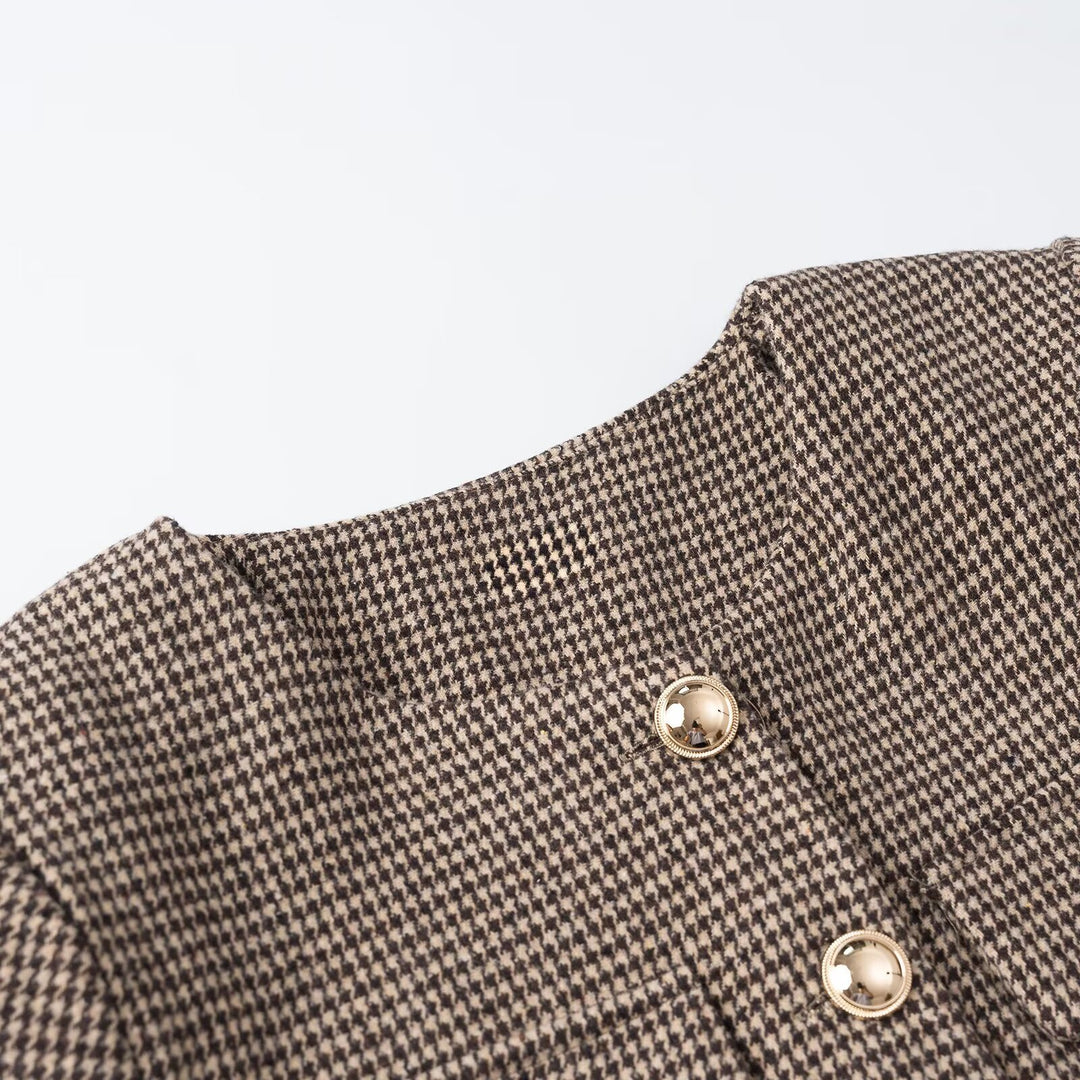 Damen Kurze Bouclé‑Jacke im Hahnentritt‑Look mit Rundhals und Zierknopfleiste Shop Nory