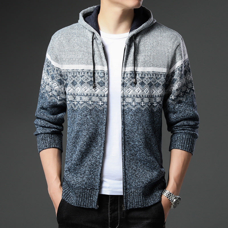 Herren Strick-Zip-Hoodie mit Norwegermuster, Kapuze und Eingrifftaschen Shop Nory