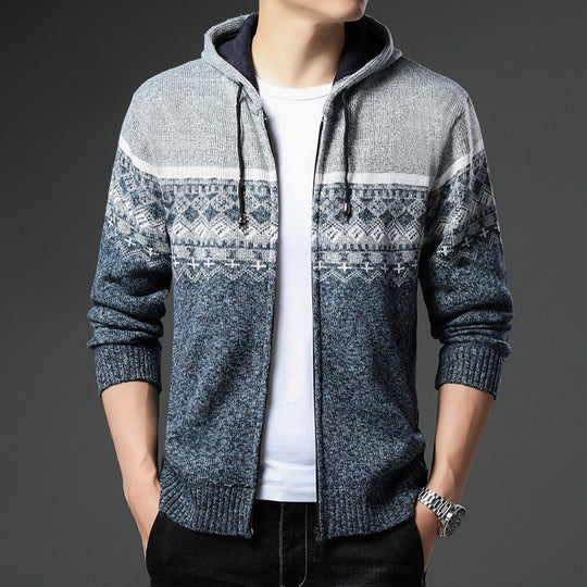 Herren Strick-Zip-Hoodie mit Norwegermuster, Kapuze und Eingrifftaschen Shop Nory