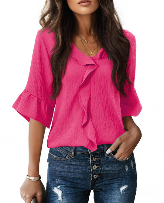Damen Rüschenbluse mit V-Ausschnitt und Glockenärmeln Shop Nory