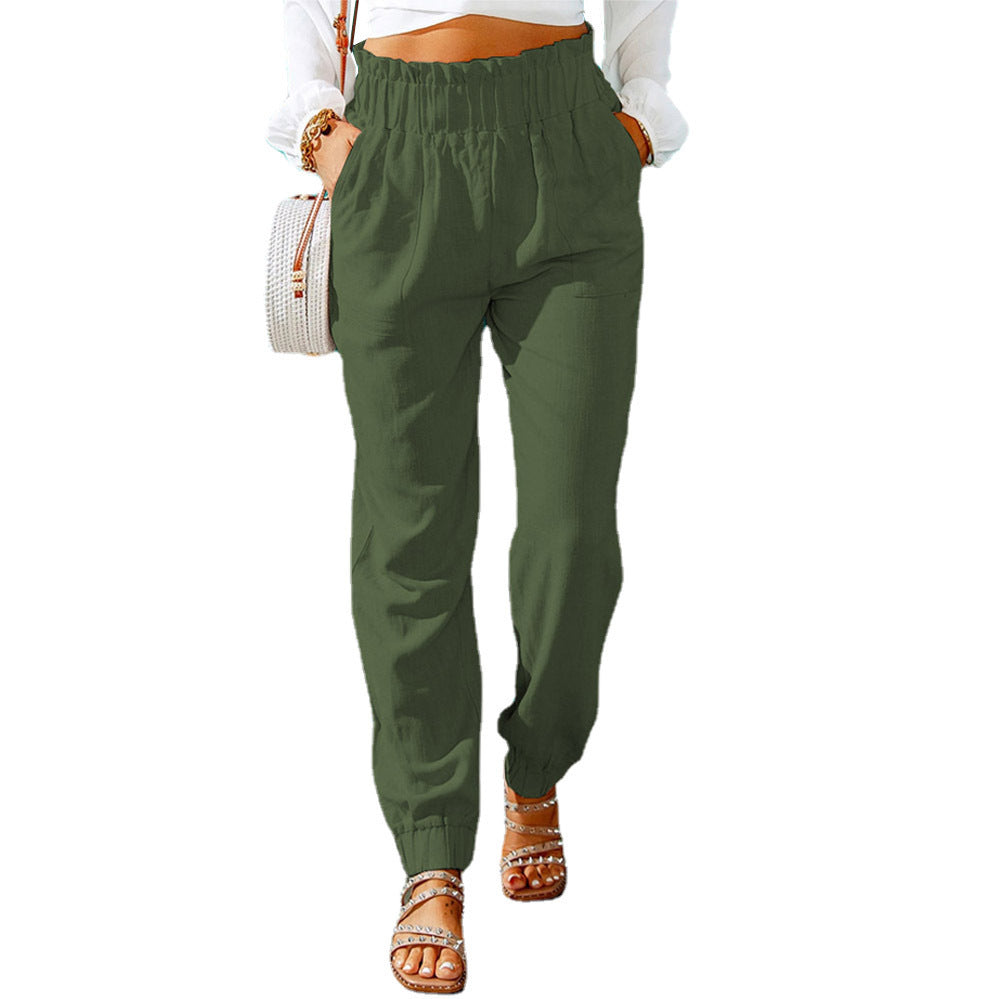 Damen Hochtaillierte Leinenoptik-Joggerhose mit elastischem Rüschbund und Eingrifftaschen Shop Nory
