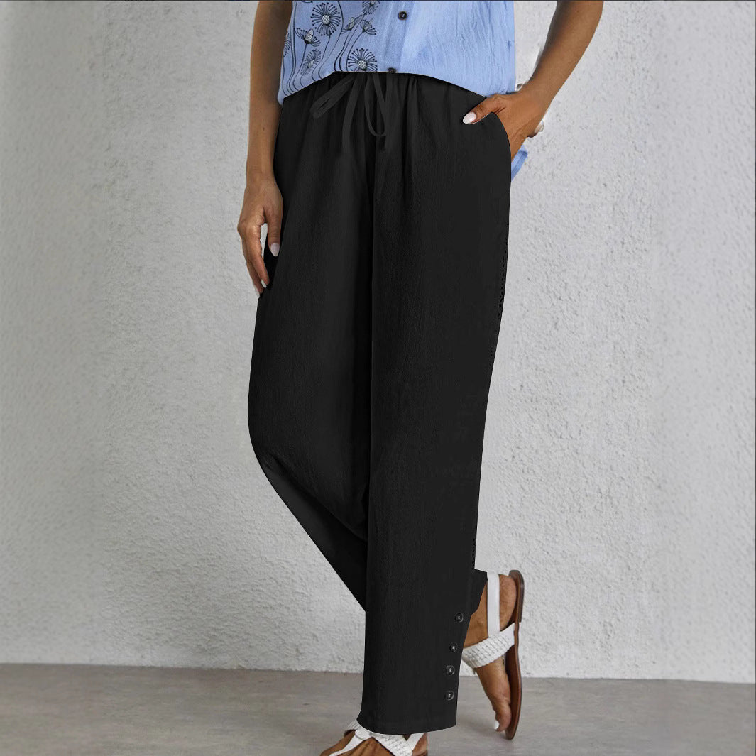 Damen Leichte Palazzo-Hose mit Gummibund, Tunnelzug und Zierknopf-Detail Shop Nory