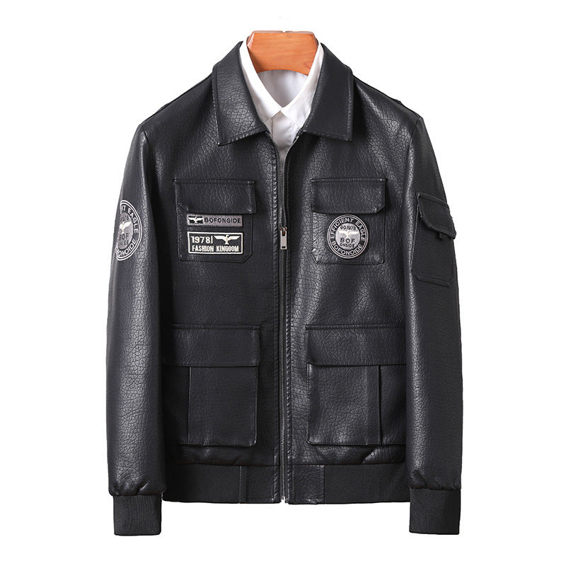 Herren Kunstleder-Fieldbomberjacke im Pilotenstil mit Patch‑Applikationen und Frontklappentaschen Shop Nory