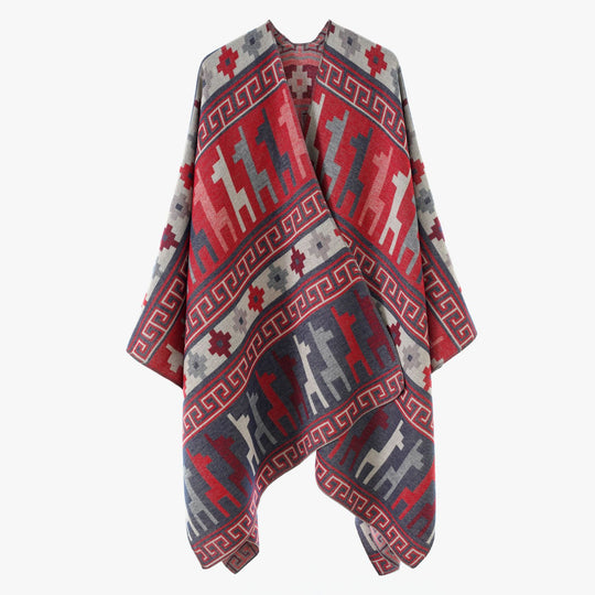 Damen Jacquard‑Strickponcho mit Ethno‑Tiermotiven und offenem Kimono‑Schnitt Shop Nory