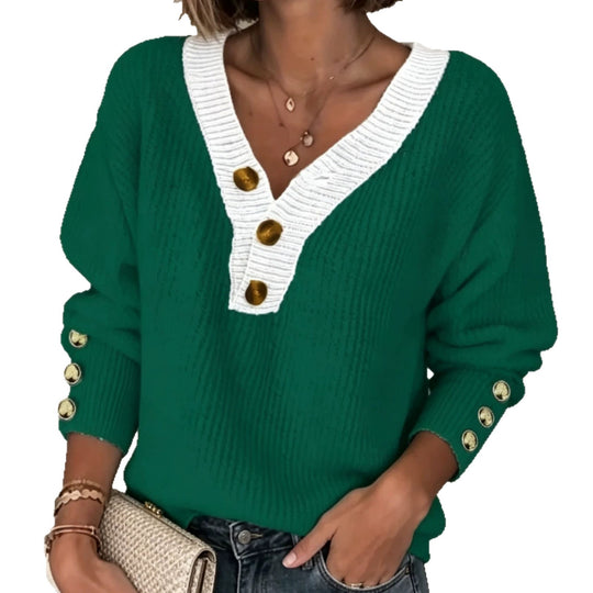 Damen Feinstrickpullover mit tiefem V-Ausschnitt, kontrastierter Knopfleiste und Zierknopf-Ärmeln Shop Nory
