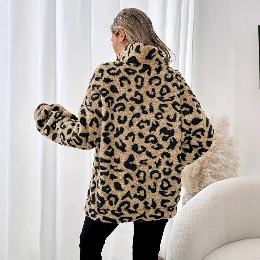 Damen Fleece-Pullover mit stylischem Leopardenmuster