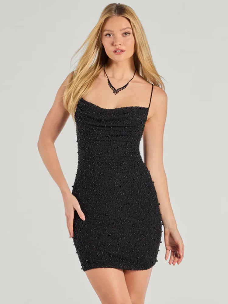 Damen Figurbetontes Minikleid mit schimmernden Perlen und Spaghettiträgern Shopnory