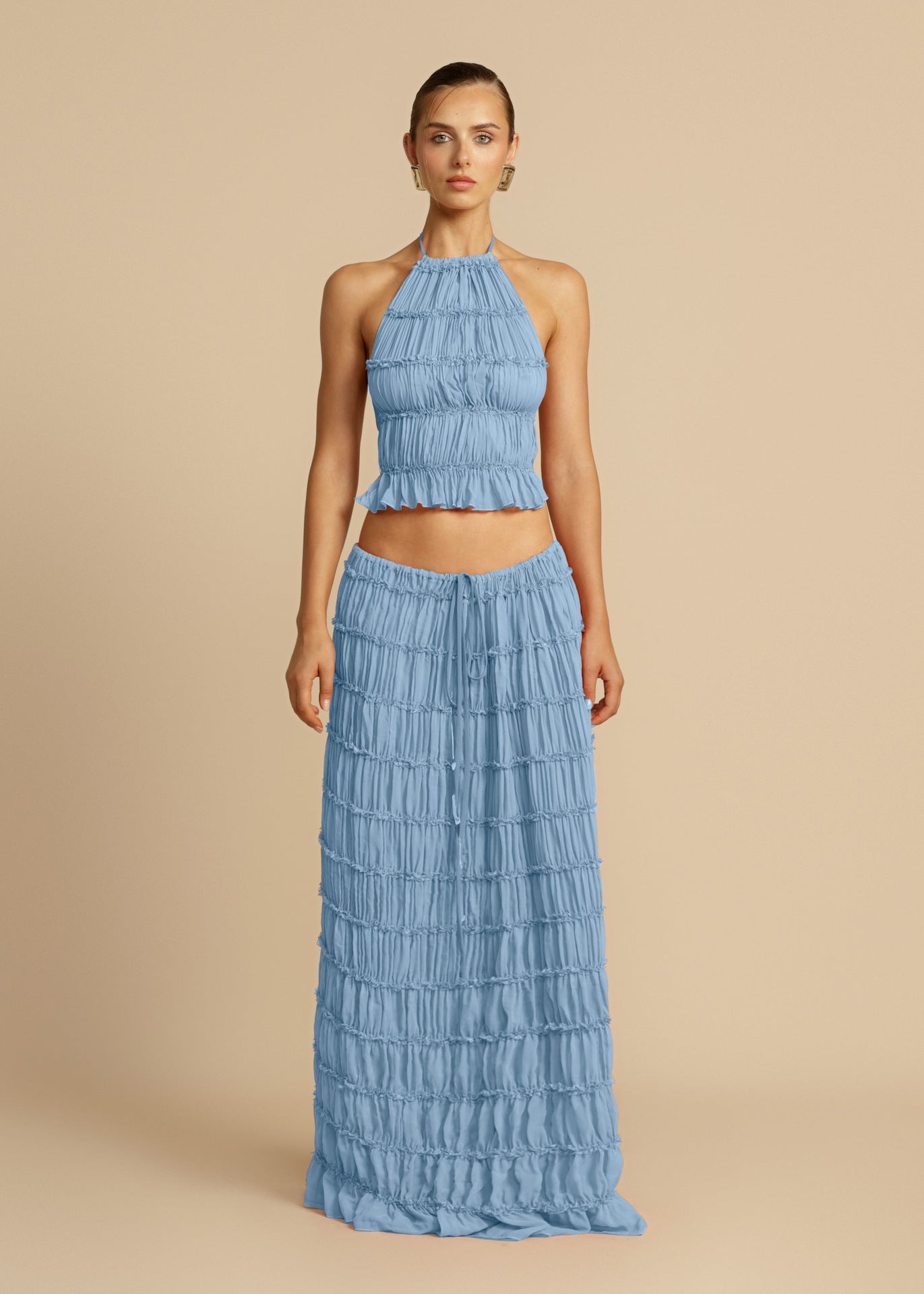 Damen Elegantes und verspieltes Zweiteiliges Sommerkleid mit gerafftem Oberteil und fließendem Rock