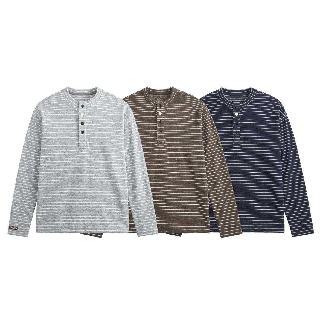 Herren Feinstrick-Henleyshirt mit kurzem Knopfleiste und horizontalem Streifenmuster Shop Nory