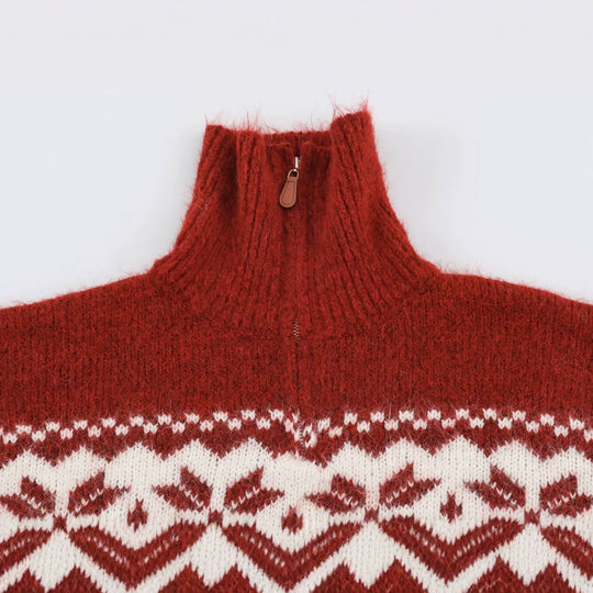 Damen Norwegermuster Strickpullover mit halbem Reißverschluss und Stehkragen Shop Nory