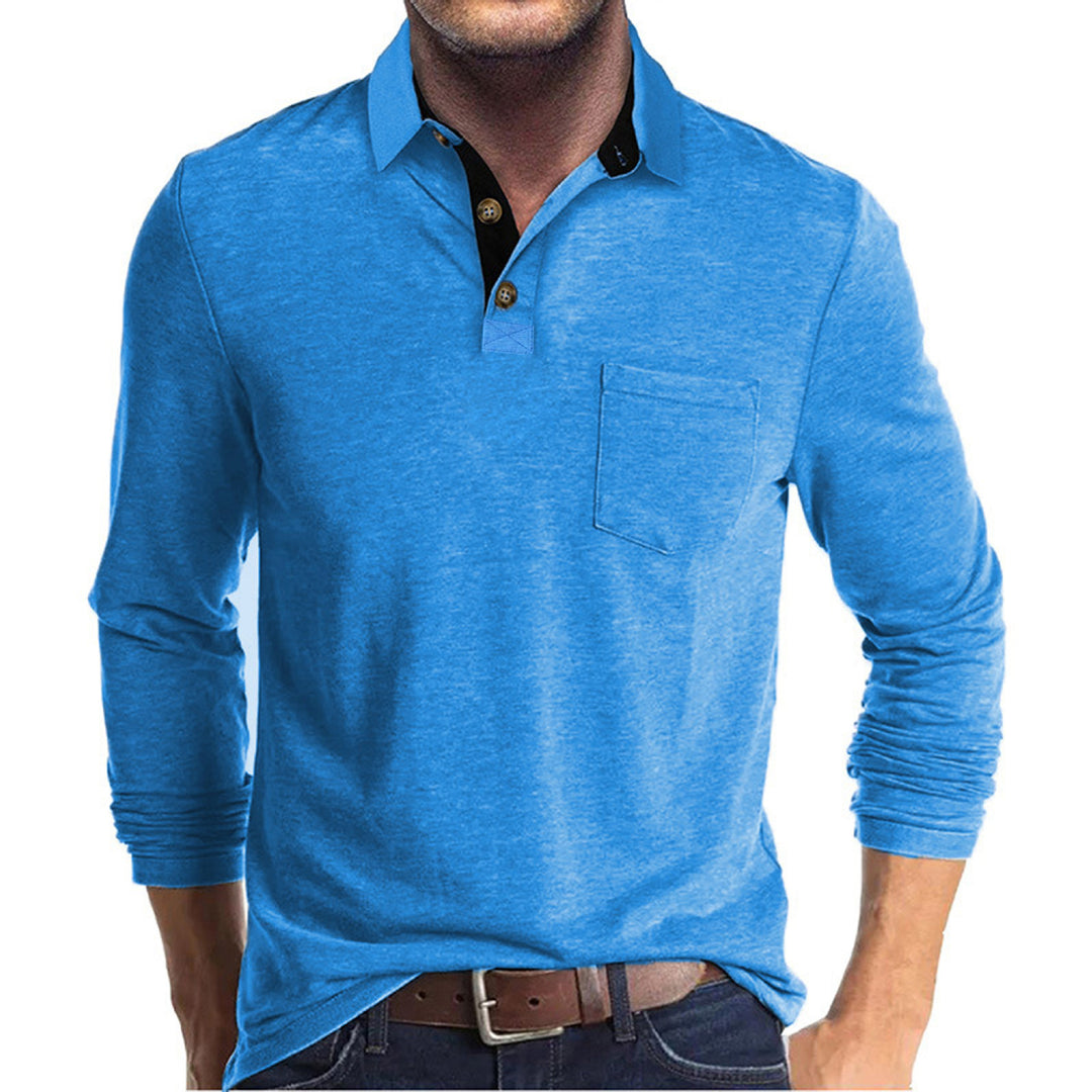 Herren langärmliges Polohemd mit Brusttasche, Kontrastknopfleiste und legerer Stretch-Passform Shop Nory