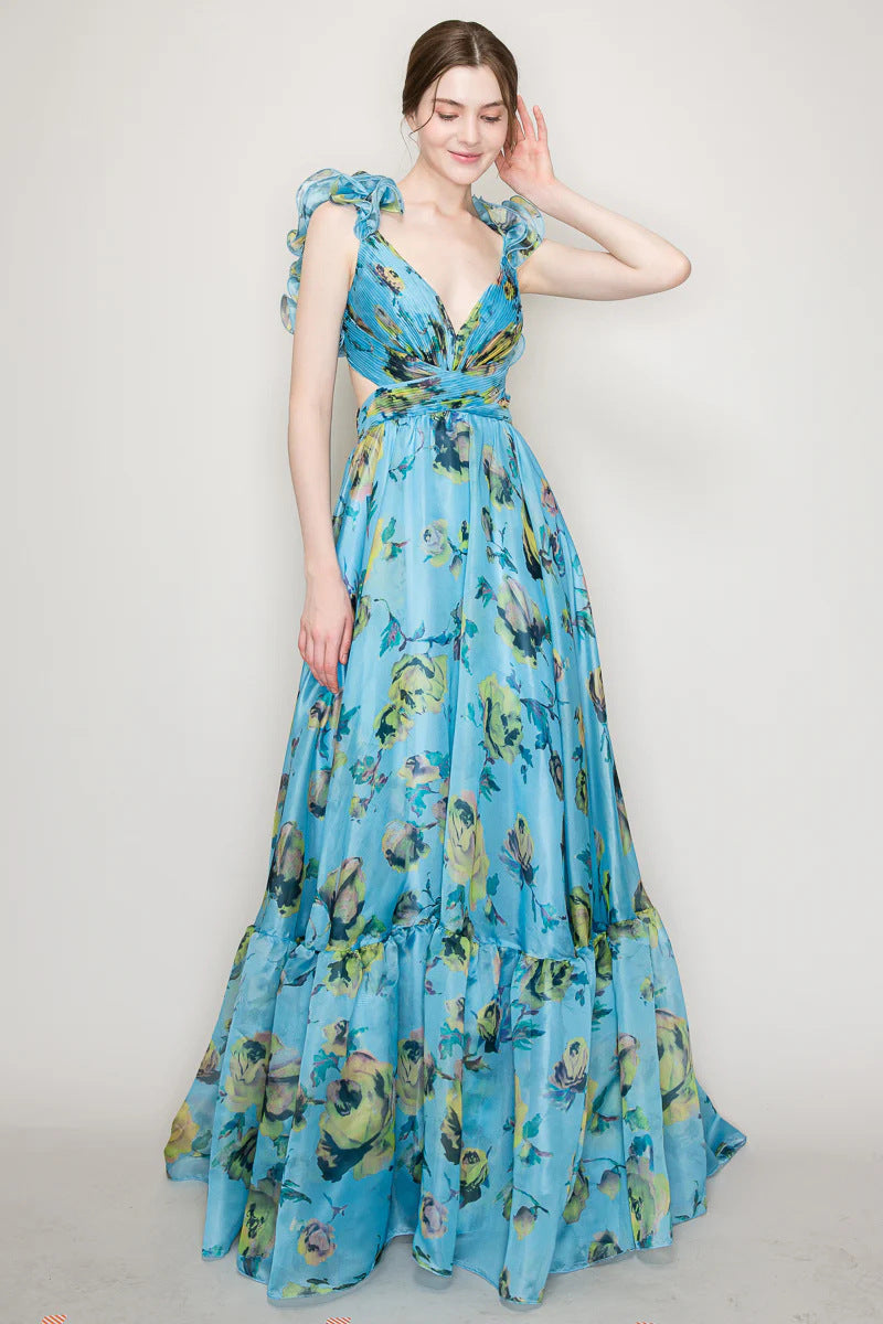 Damen Maxikleid mit luftigen Rüschendetails und ausgefallenem Wickeldesign