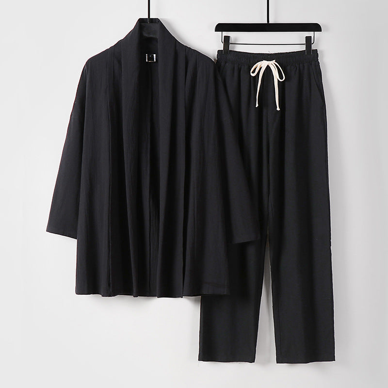 Unisex Lässiges Kimono-Zweiteiler aus atmungsaktivem Leinen-Viskose mit offenem Schalkragen und Kordelbundhose Shop Nory