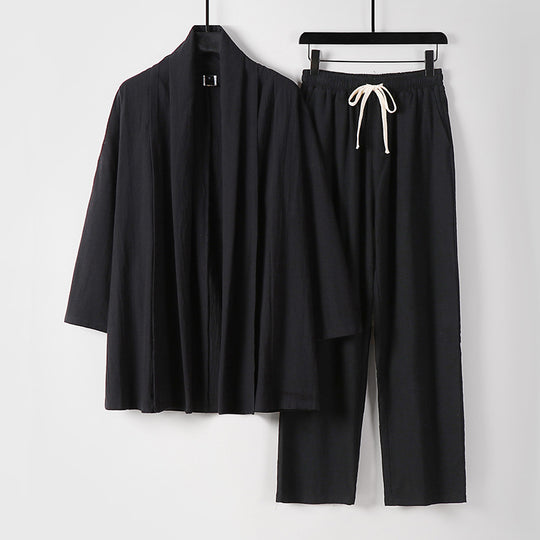Unisex Lässiges Kimono-Zweiteiler aus atmungsaktivem Leinen-Viskose mit offenem Schalkragen und Kordelbundhose Shop Nory